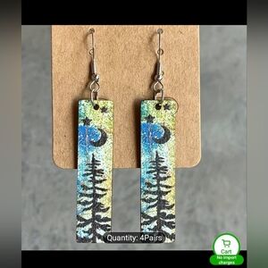 Earrings Western Wooden Pine Tree Moon Women's Dangle New f59